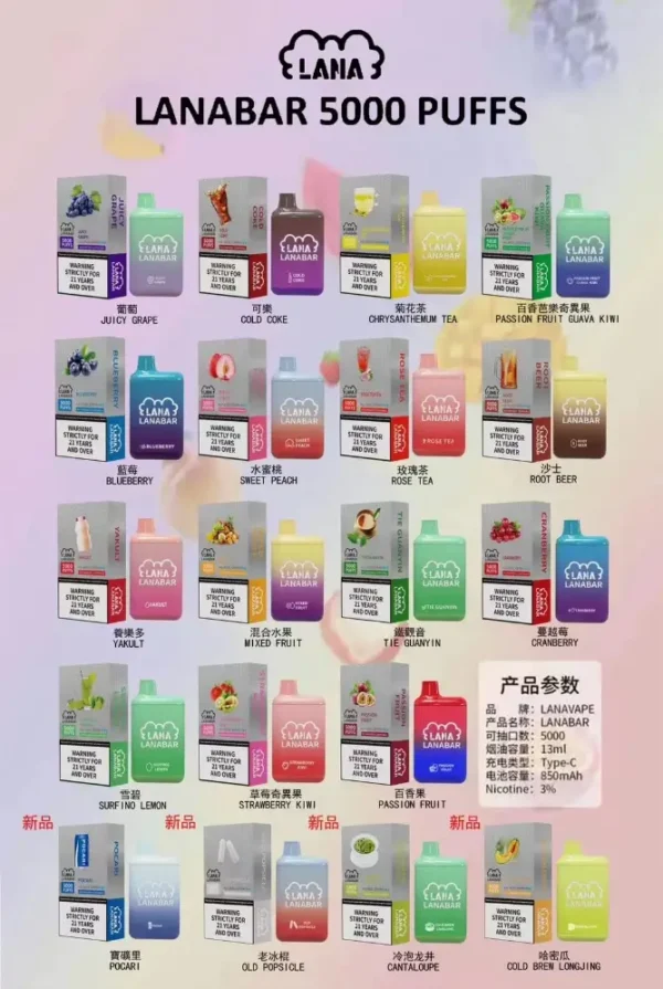 LANA 5000口拋棄式電子煙｜大容量規格設計 輕巧機身搭配多元風味系列款式